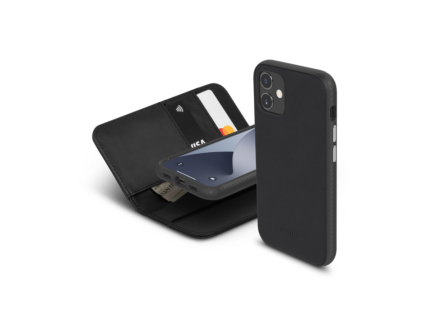 Moshi Overture Case w Detachable Magnetic Wallet за iPhone 12 mini (SnapToª) - Jet Black