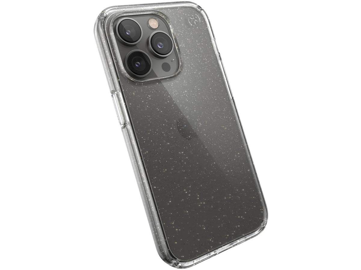 Speck iPhone 14 Pro, Presidio Perfect Clear Glitter (Clear/Clear w/Gold Giitter)