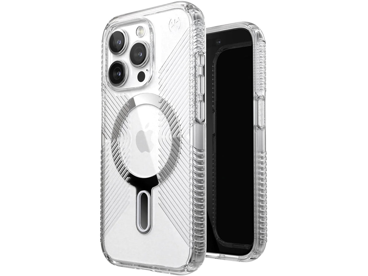 Speck Presidio Perfect-Clear Grip MagSafe with ClickLock iPhone 15 Pro, Clear/Chrome