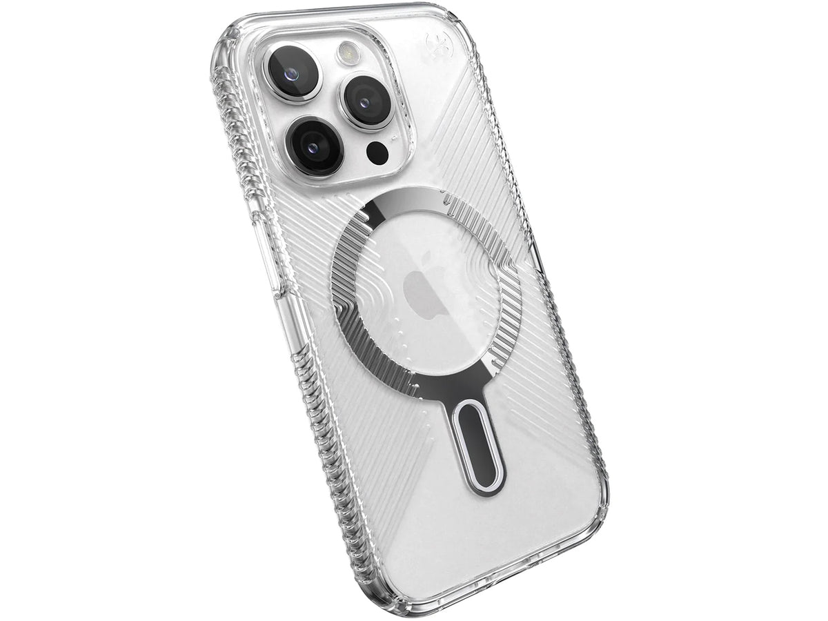 Speck Presidio Perfect-Clear Grip MagSafe with ClickLock iPhone 15 Pro, Clear/Chrome
