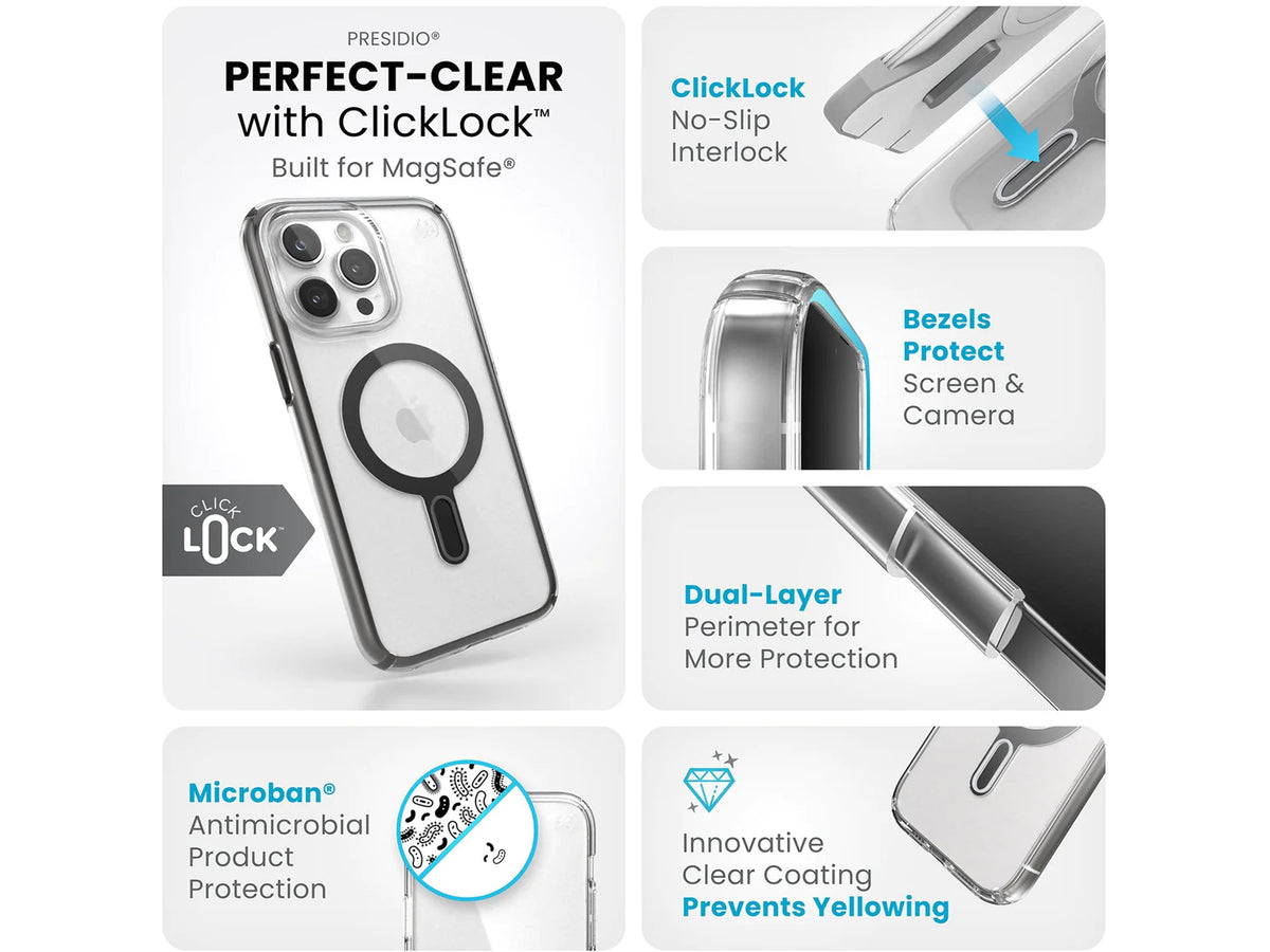 Speck Presidio Perfect-Clear MagSafe with ClickLock iPhone 15 Pro Max , Clear/Black