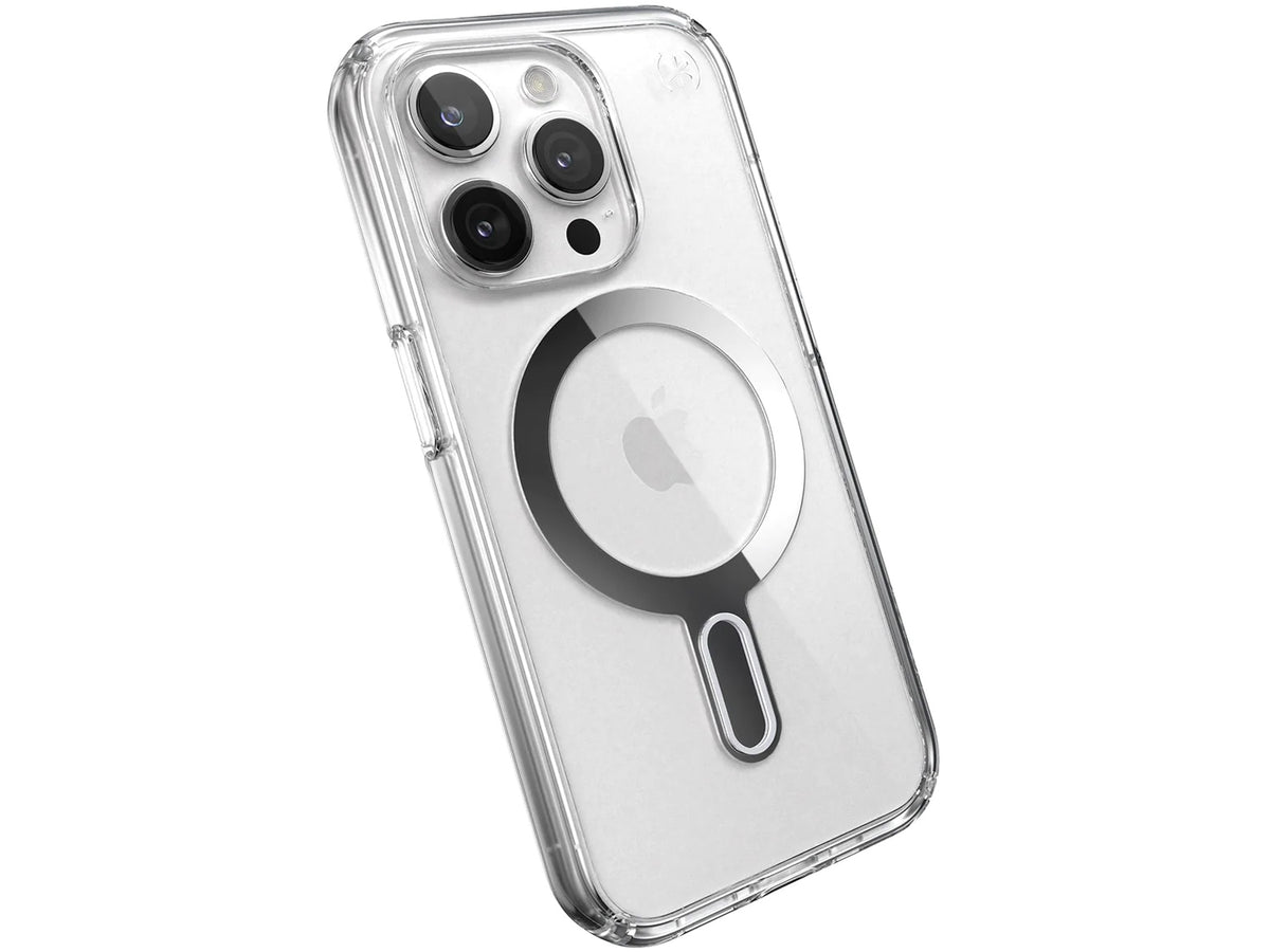 Speck Presidio Perfect-Clear MagSafe with ClickLock iPhone 15 Pro, Clear/Chrome