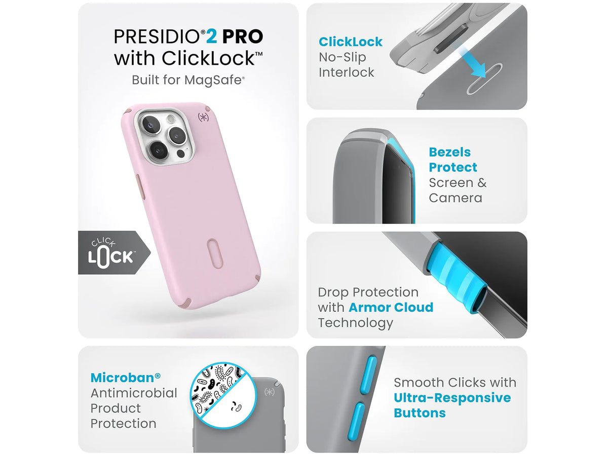 Speck Presidio2 Pro MagSafe with ClickLock iPhone 15 Pro, Soft Lilac/Carnation Petal