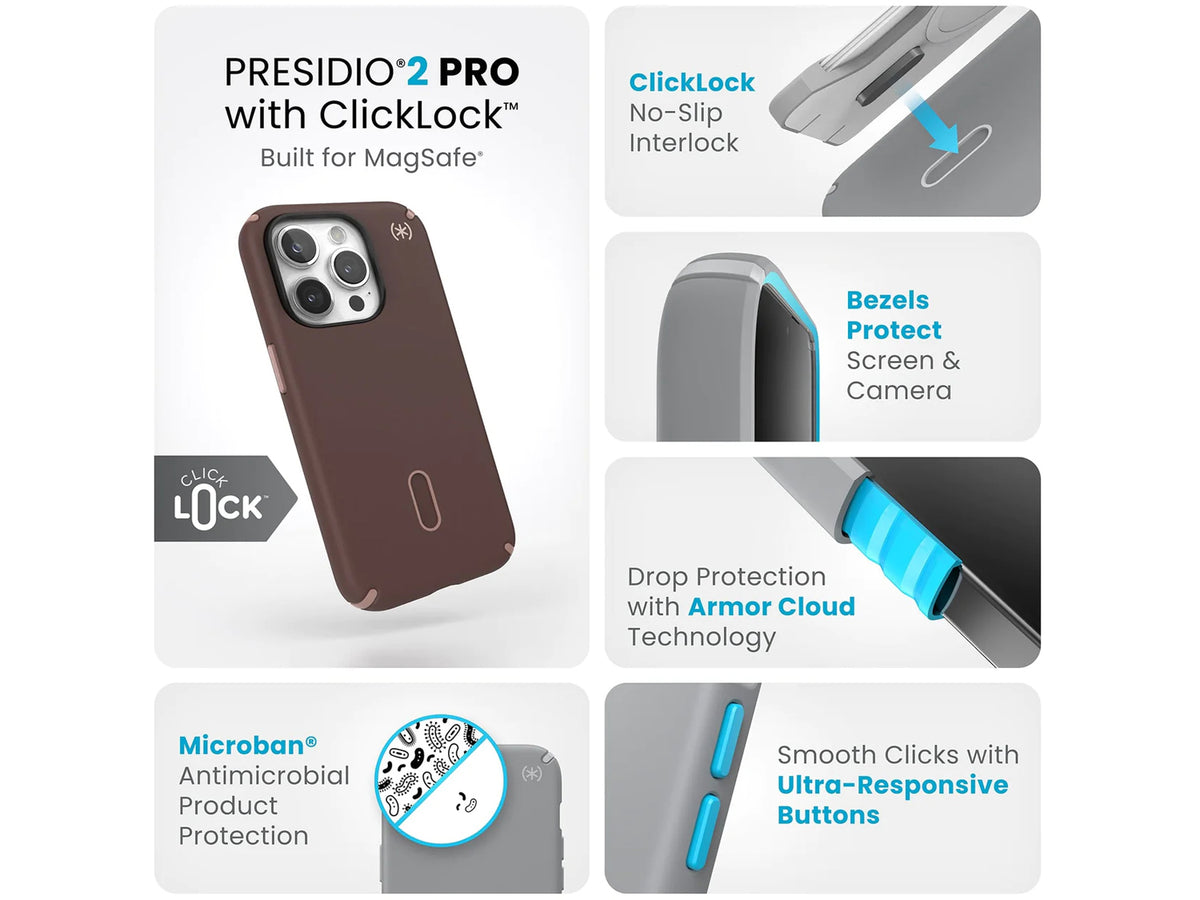 Speck Presidio2 Pro MagSafe with ClickLock iPhone 15 Pro, New Planet/Clay Tan