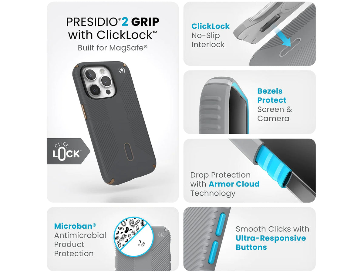 Speck Presidio2 Grip MagSafe with ClickLock iPhone 15 Pro, Charcoal Grey/Cool Bronze