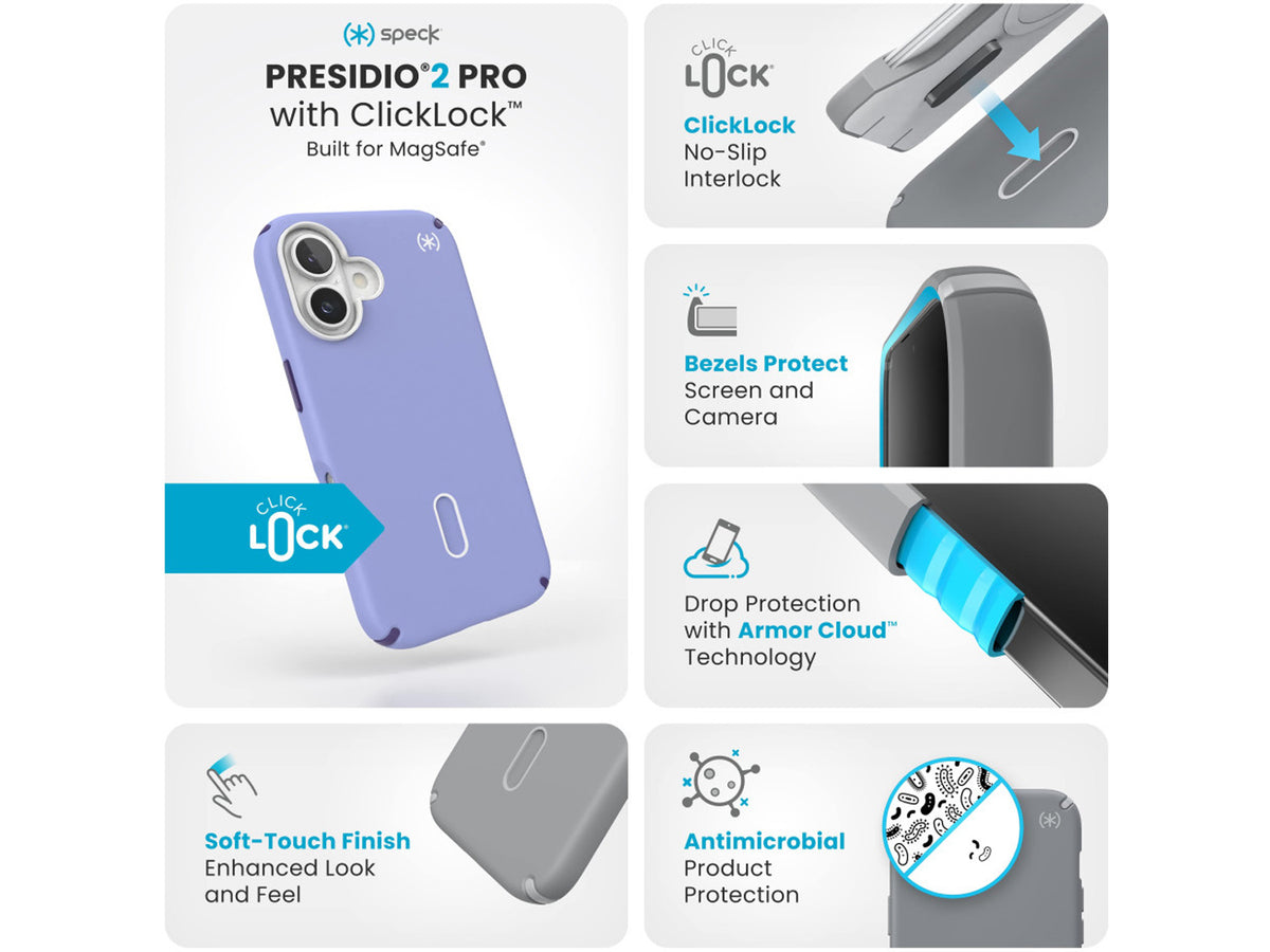 Speck Presidio2 Pro, за iPhone 16, MagSafe + ClickLock, Future Lavender/Cassis Purple