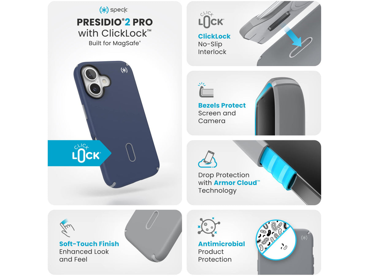 Speck Presidio2 Pro, за iPhone 16, MagSafe + ClickLock, Coastal Blue