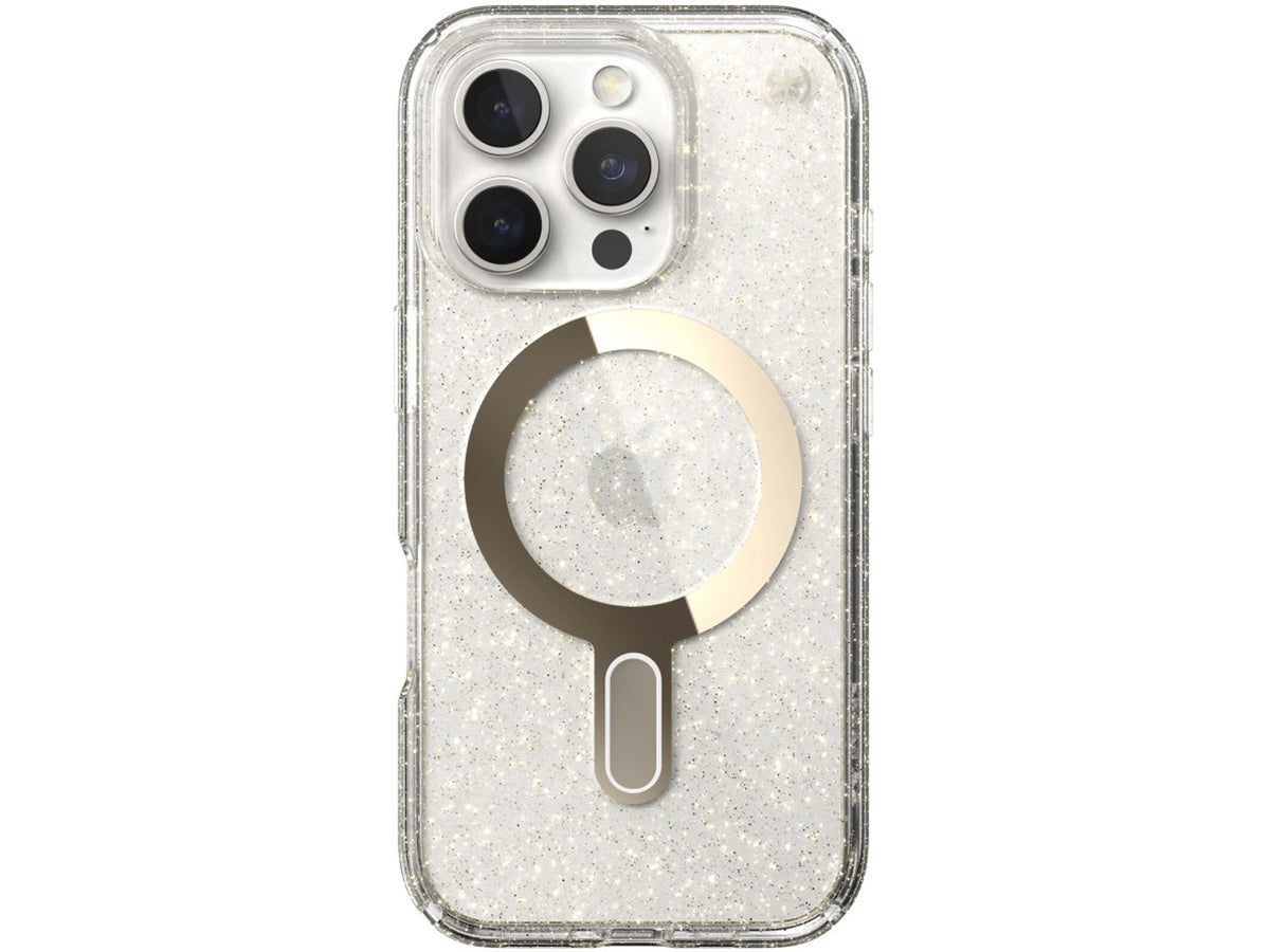 Speck iPhone 16 Pro, Presidio Lux Glitter MagSafe+ClickLock, Clear/Gold Glitter