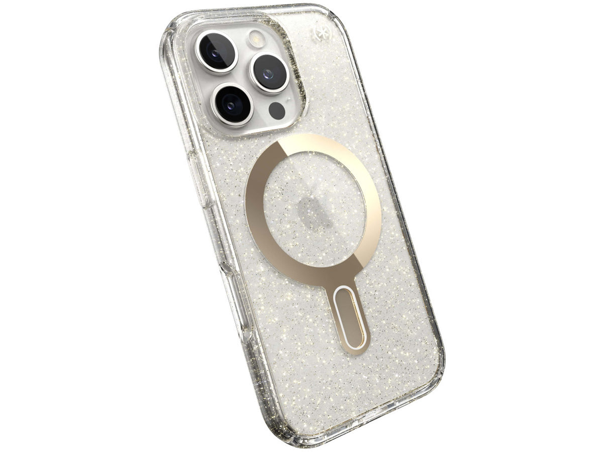 Speck iPhone 16 Pro, Presidio Lux Glitter MagSafe+ClickLock, Clear/Gold Glitter