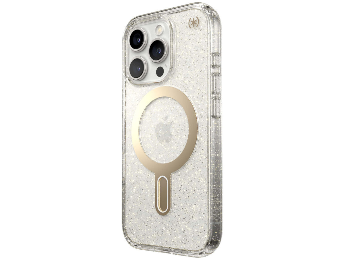 Speck iPhone 16 Pro, Presidio Lux Glitter MagSafe+ClickLock, Clear/Gold Glitter