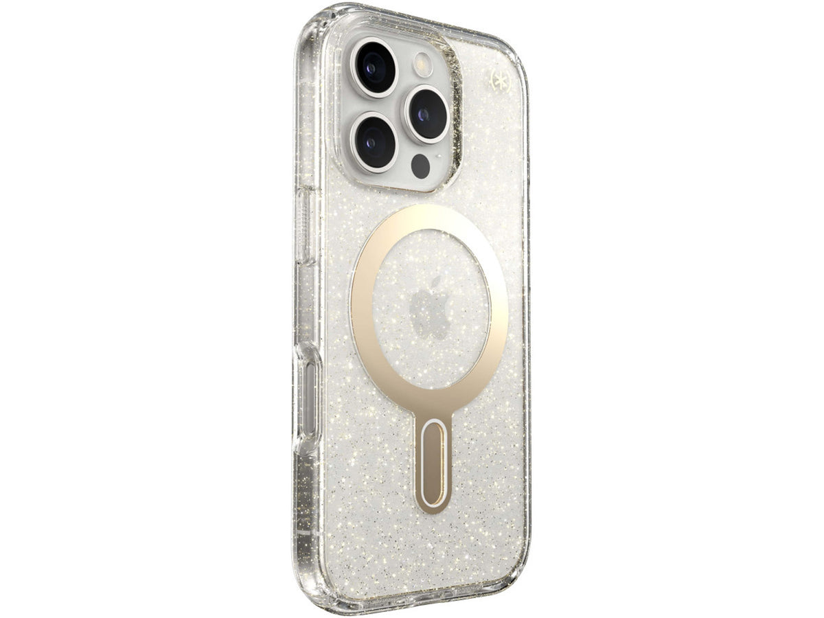 Speck iPhone 16 Pro, Presidio Lux Glitter MagSafe+ClickLock, Clear/Gold Glitter