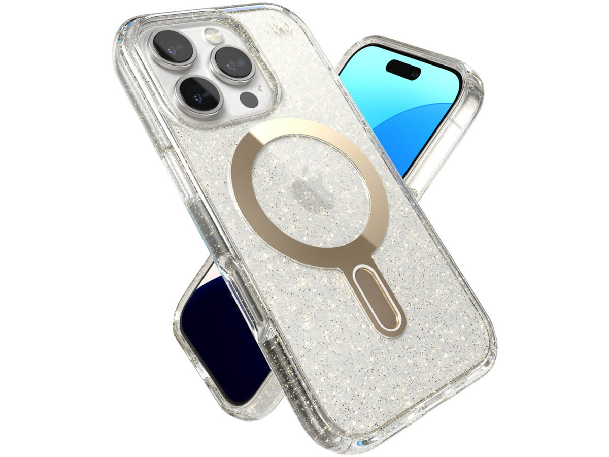 Speck iPhone 16 Pro, Presidio Lux Glitter MagSafe+ClickLock, Clear/Gold Glitter