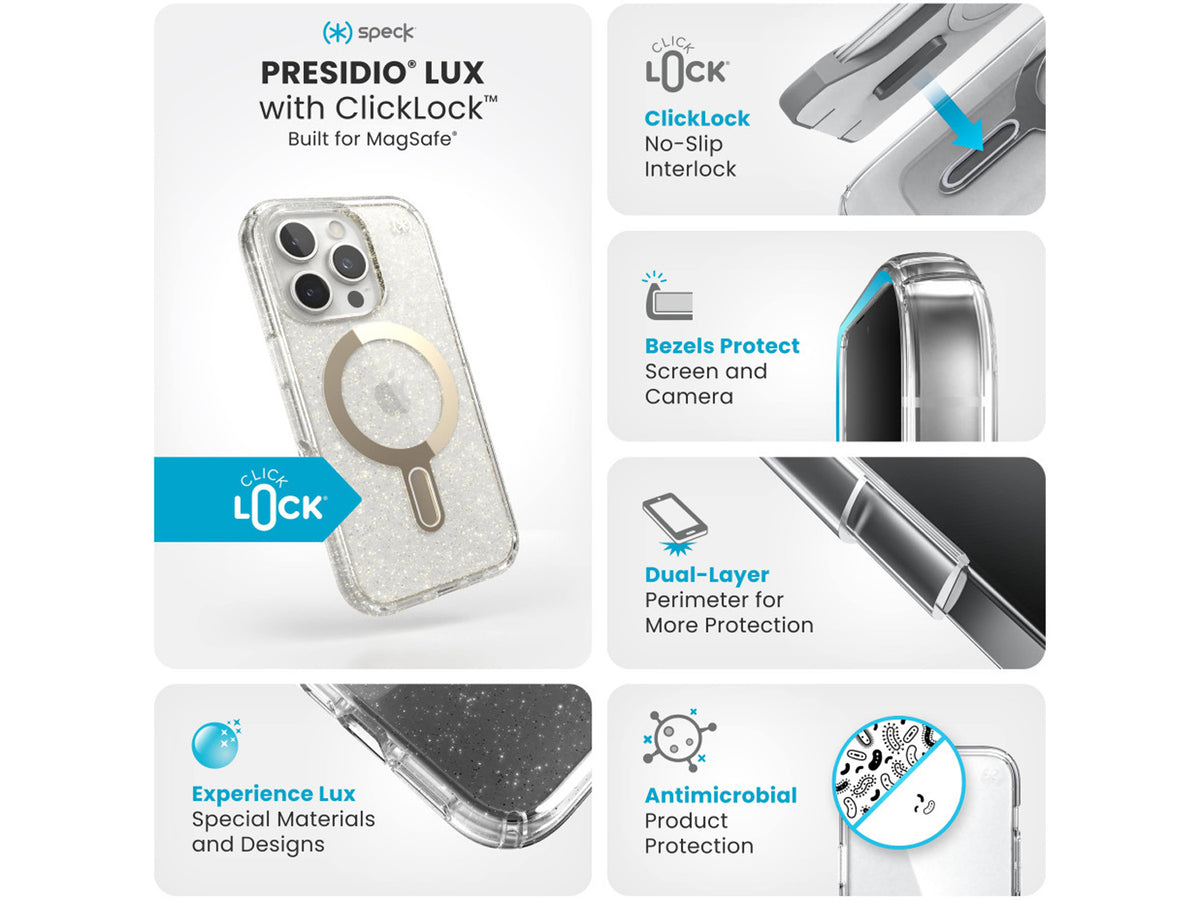 Speck iPhone 16 Pro, Presidio Lux Glitter MagSafe+ClickLock, Clear/Gold Glitter