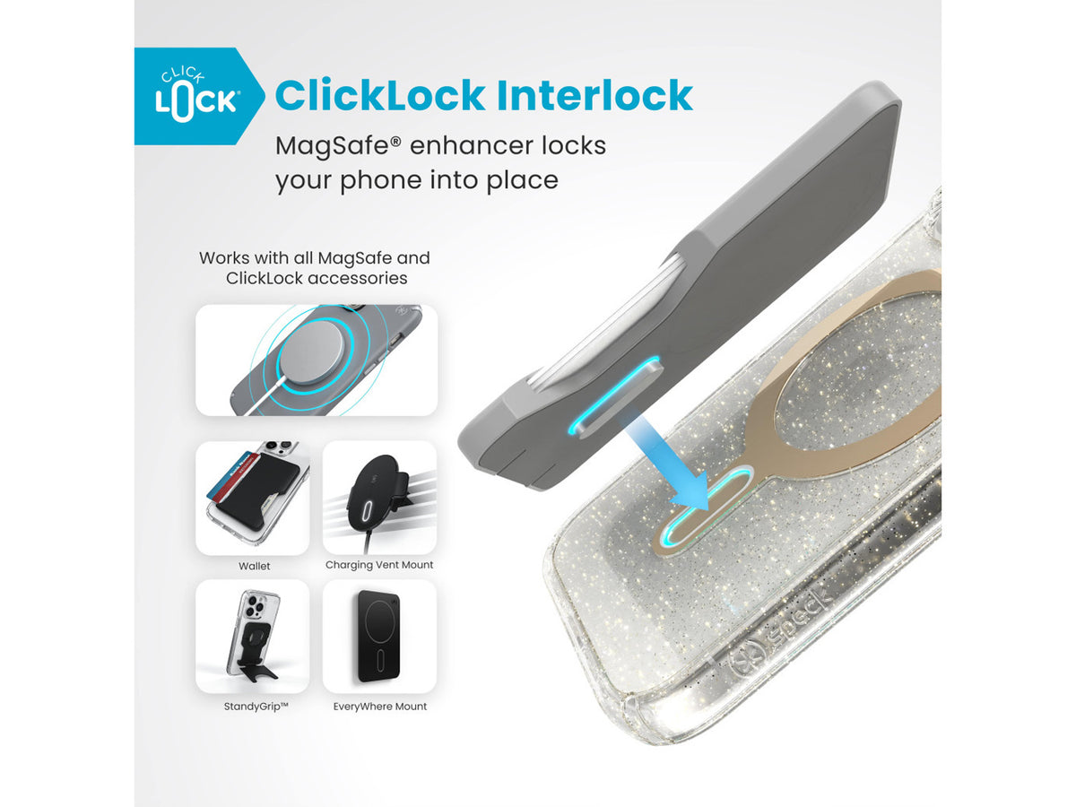 Speck iPhone 16 Pro, Presidio Lux Glitter MagSafe+ClickLock, Clear/Gold Glitter