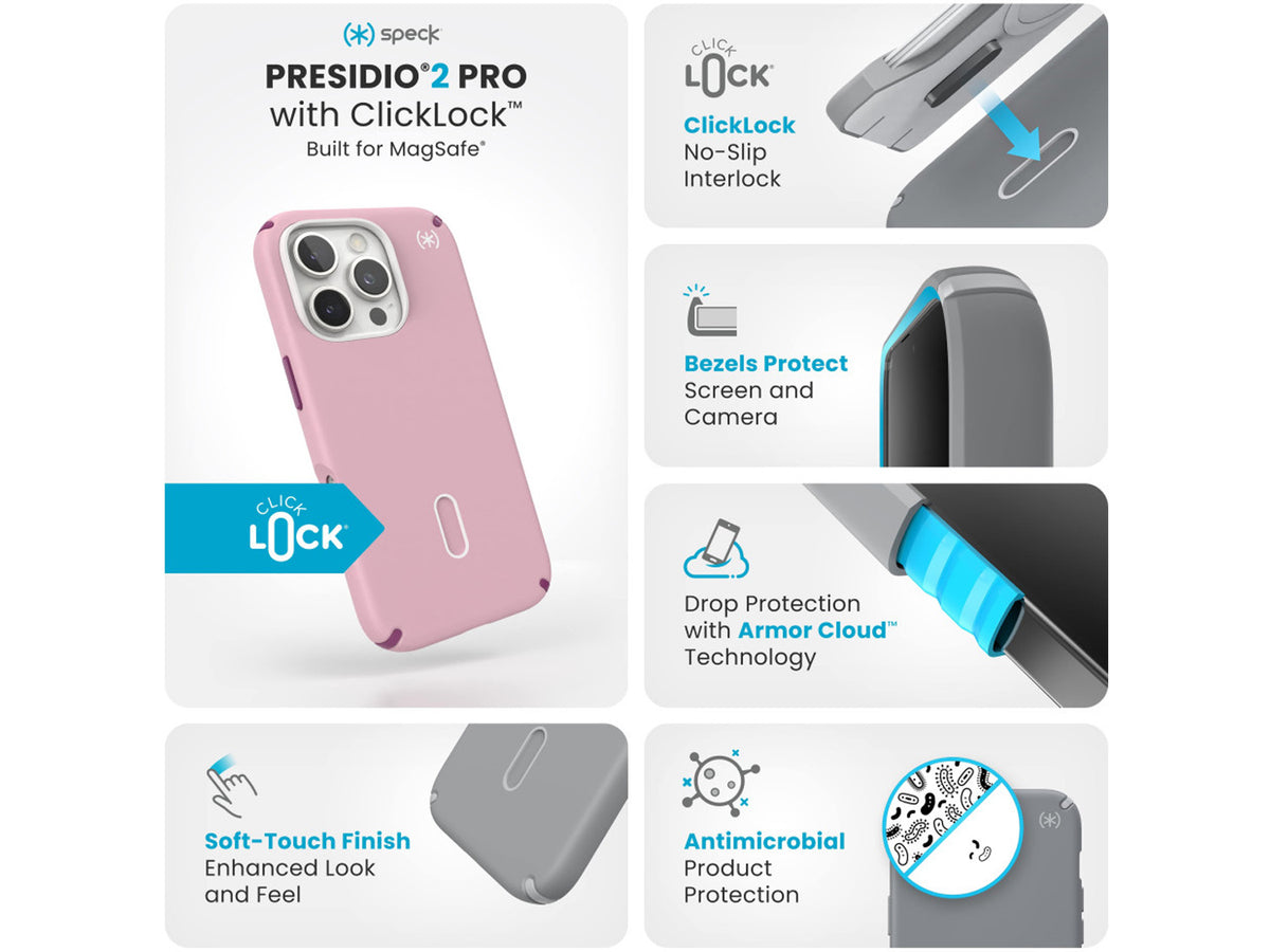 Speck Presidio2 Pro, за iPhone 16 Pro, MagSafe + ClickLock, Wednesday Pink