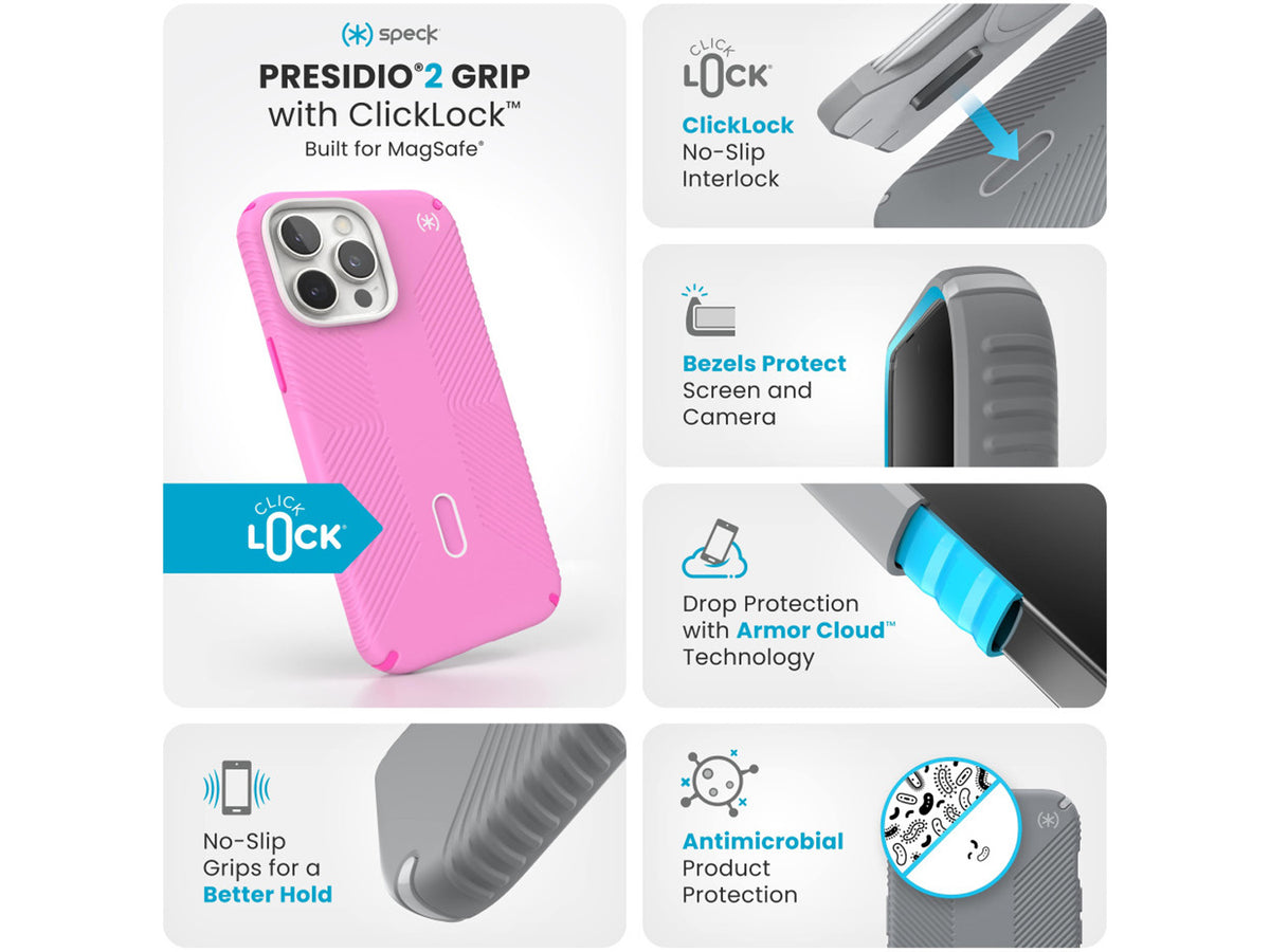 Speck Presidio2 Grip, за iPhone 16 Pro Max, MagSafe + ClickLock, Shocking Pink