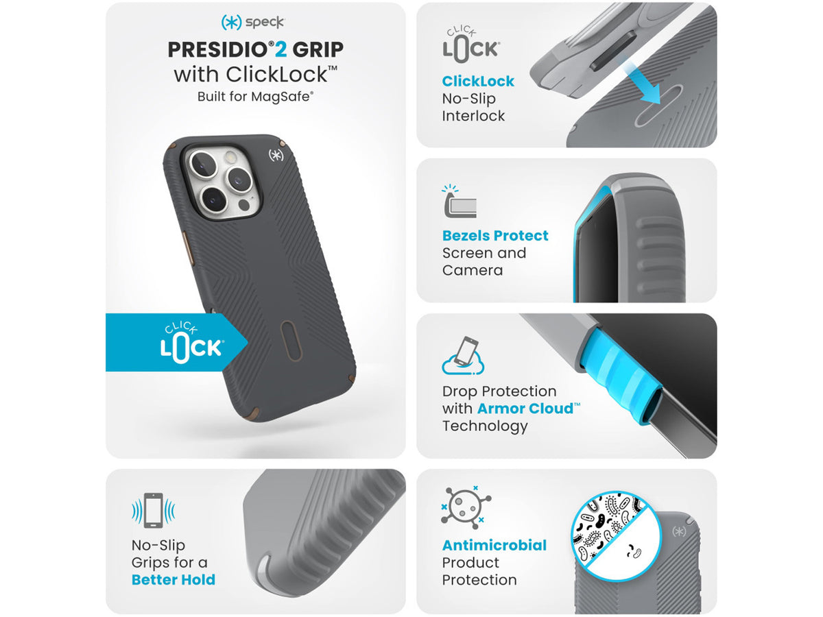 Speck Presidio2 Grip, за iPhone 16 Pro, MagSafe + ClickLock, Charcoal Grey