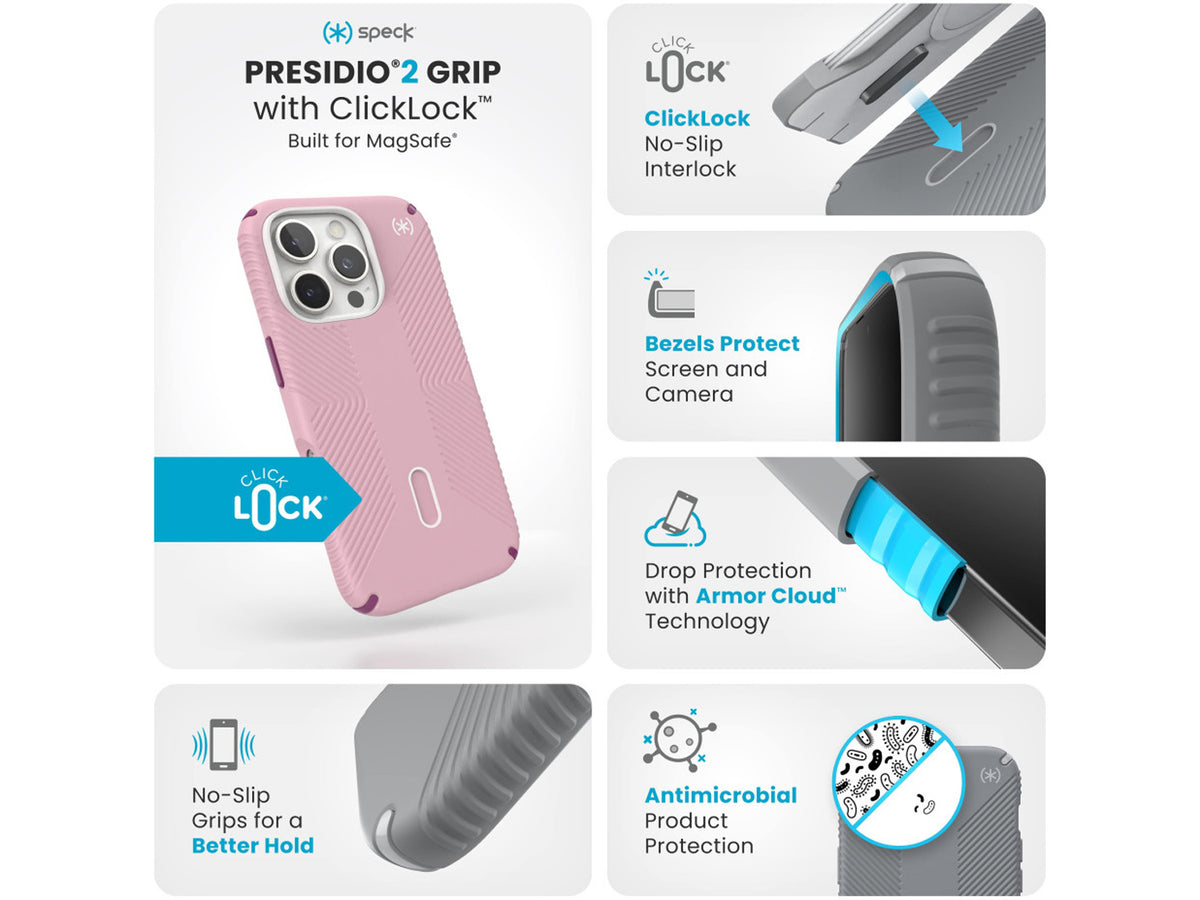 Speck Presidio2 Grip, за iPhone 16 Pro, MagSafe + ClickLock, Wednesday Pink