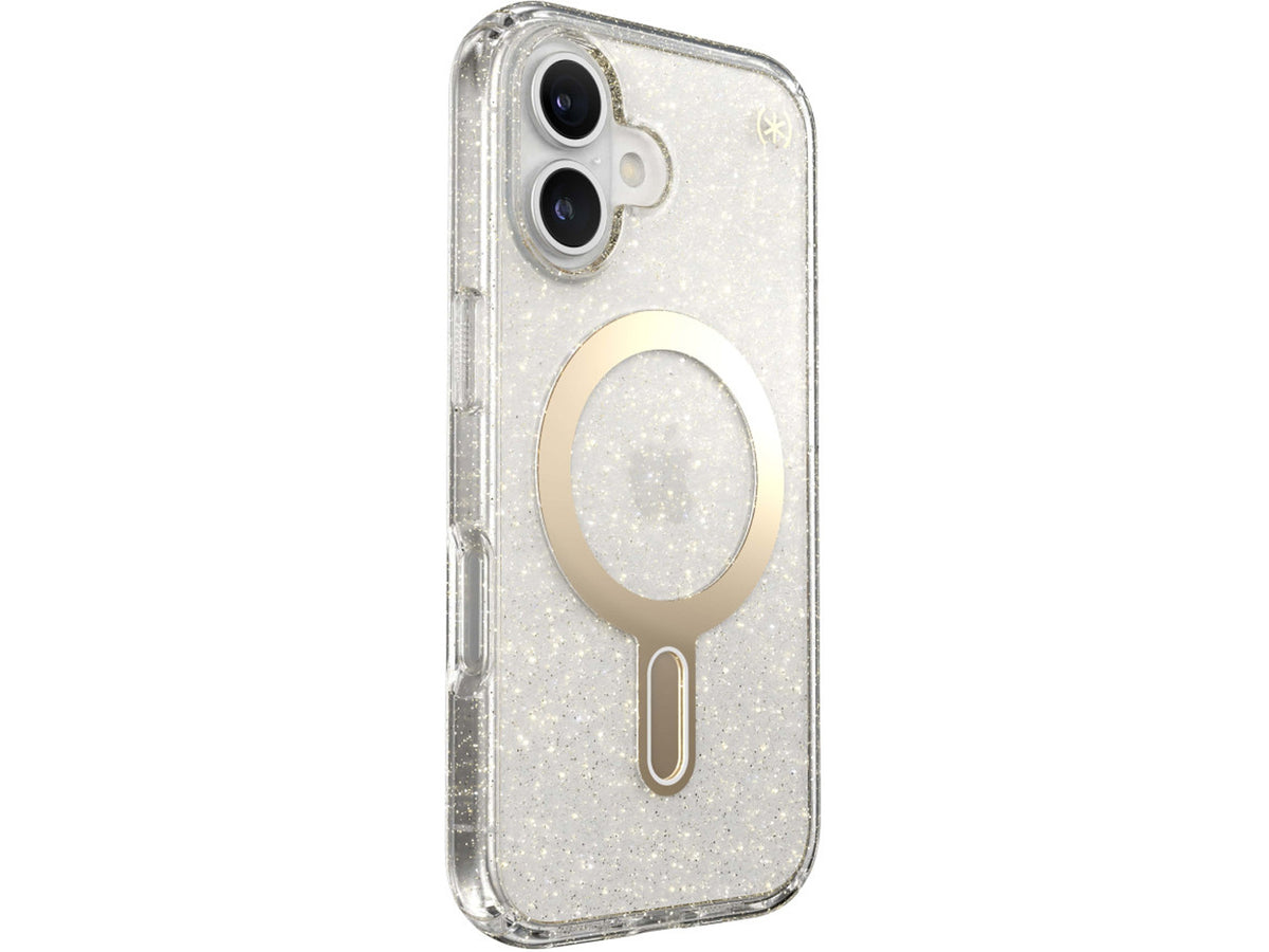 Speck iPhone 16, Presidio Lux Glitter MagSafe+ClickLock Clear/Gold Glitter