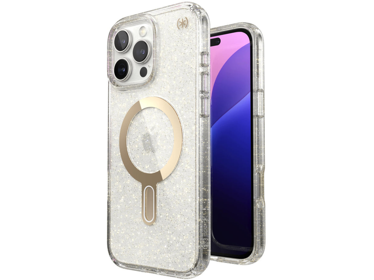 Speck iPhone 16 Pro Max, Presidio Lux Glitter MagSafe+ClickLock Clear/Gold Glitter