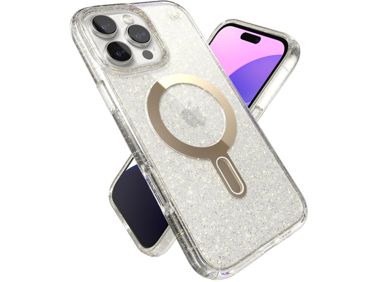 Speck iPhone 16 Pro Max, Presidio Lux Glitter MagSafe+ClickLock Clear/Gold Glitter