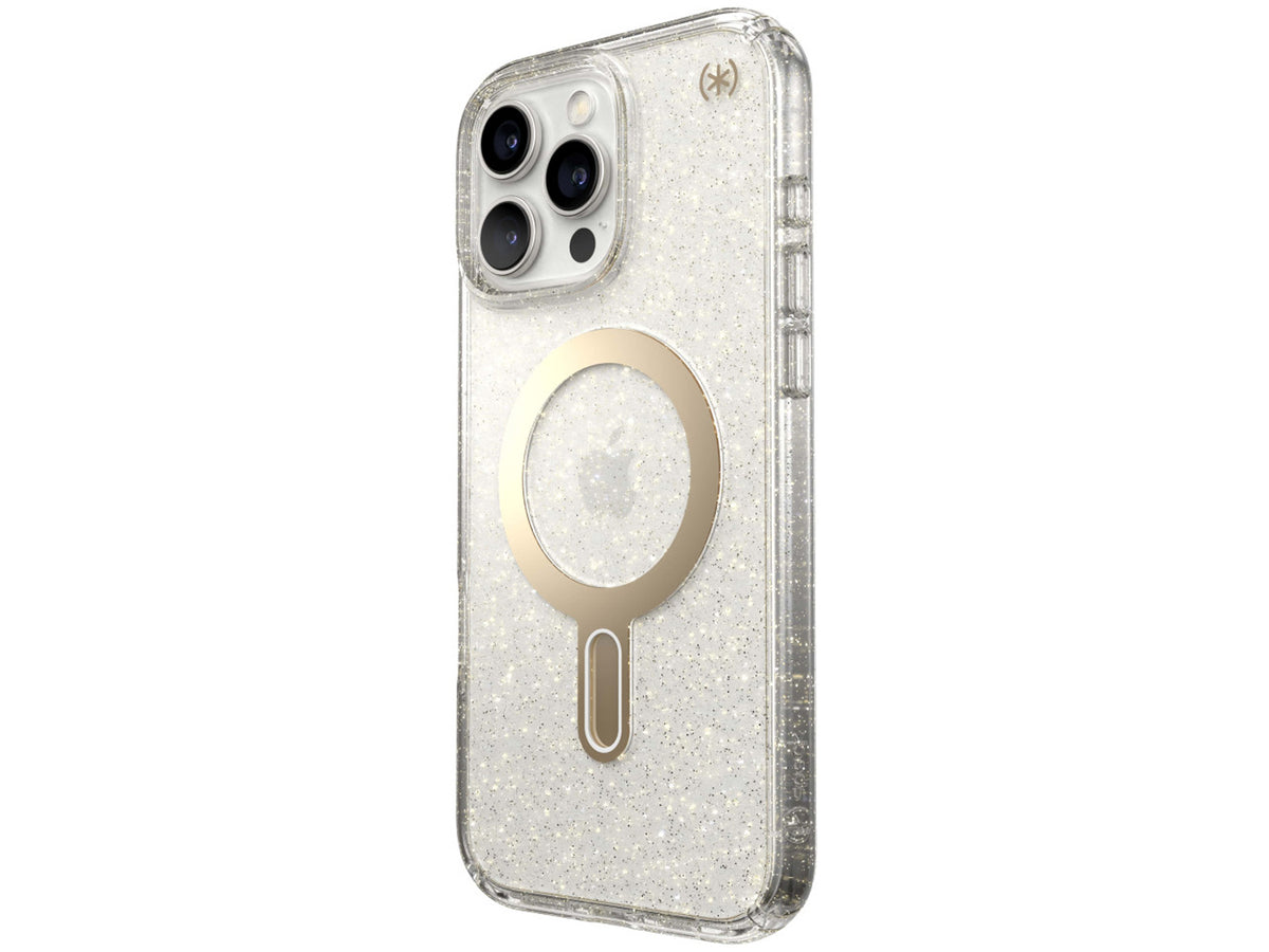 Speck iPhone 16 Pro Max, Presidio Lux Glitter MagSafe+ClickLock Clear/Gold Glitter