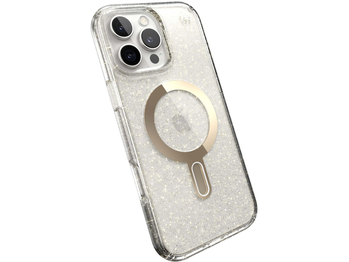 Speck iPhone 16 Pro Max, Presidio Lux Glitter MagSafe+ClickLock Clear/Gold Glitter
