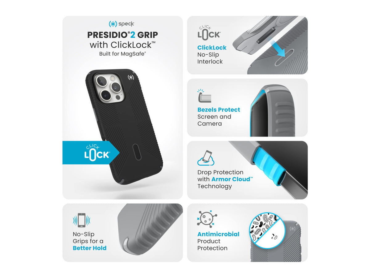 Speck Presidio2 Grip, за iPhone 16 Pro, MagSafe + ClickLock, Black - Slate Grey