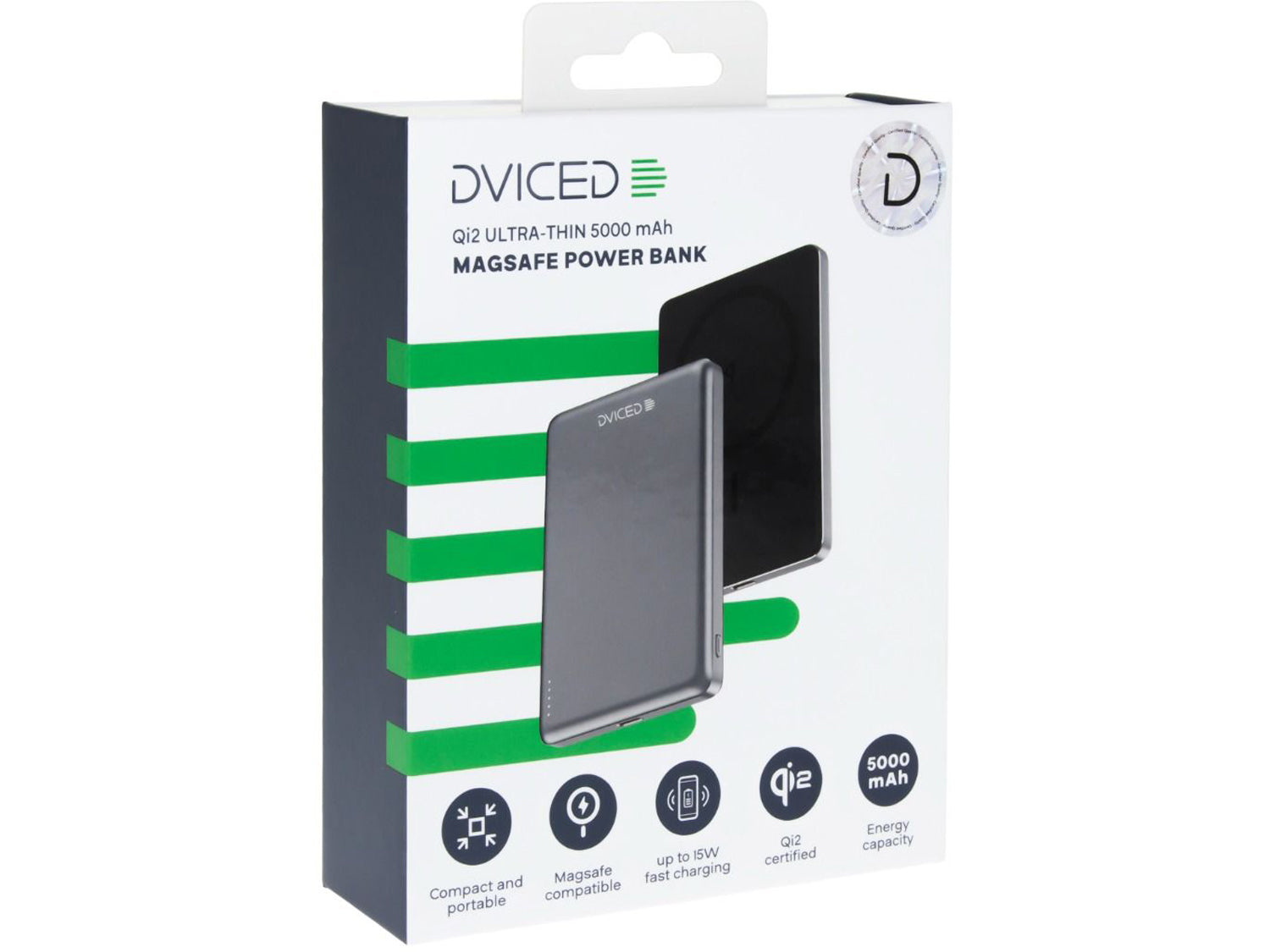 Dviced Qi2 Ultrathin MagSafe Power bank 5000mAh, Black/Grey