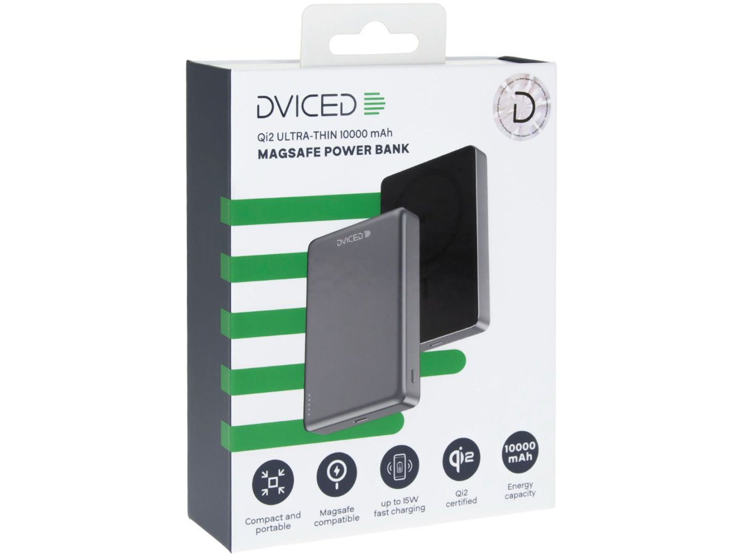 Dviced Qi2 Ultrathin MagSafe Power bank 10000mAh, Black/Grey
