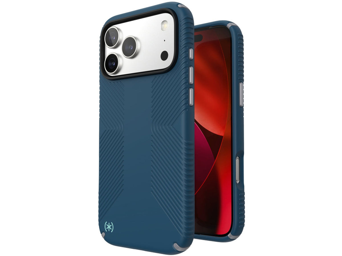 Speck iPhone 17 Pro Max, Presidio2 Grip, MagSafe, Deep Sea/Silver Metallic