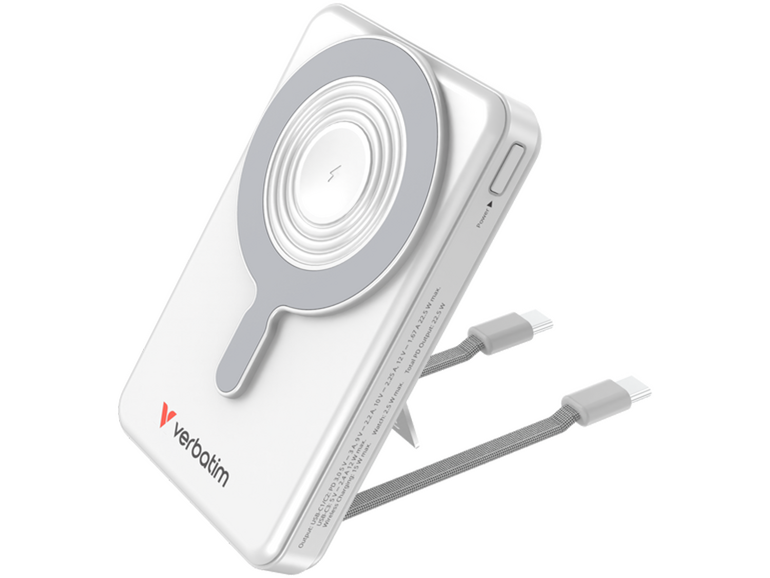 Verbatim Charge 'n' Go Two Cable Power Bank with Display Magnetic Wireless Charging 10,000mAh - Silver