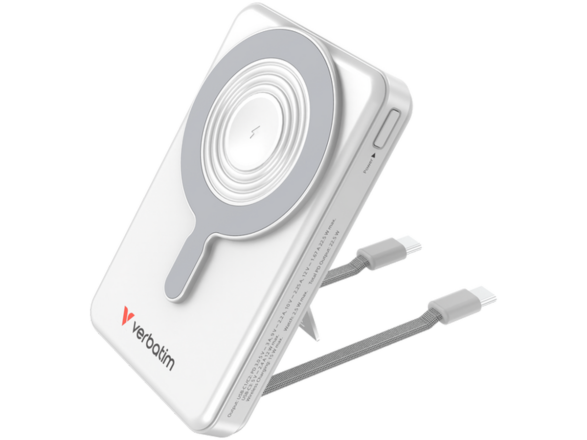 Verbatim Charge 'n' Go Two Cable Power Bank with Display Magnetic Wireless Charging 10,000mAh - Silver