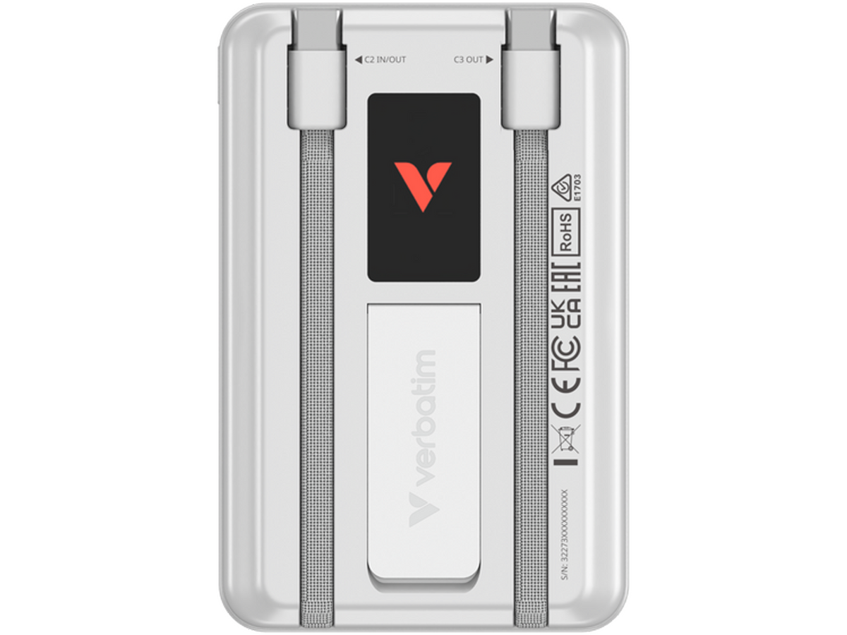 Verbatim Charge 'n' Go Two Cable Power Bank with Display Magnetic Wireless Charging 10,000mAh - Silver