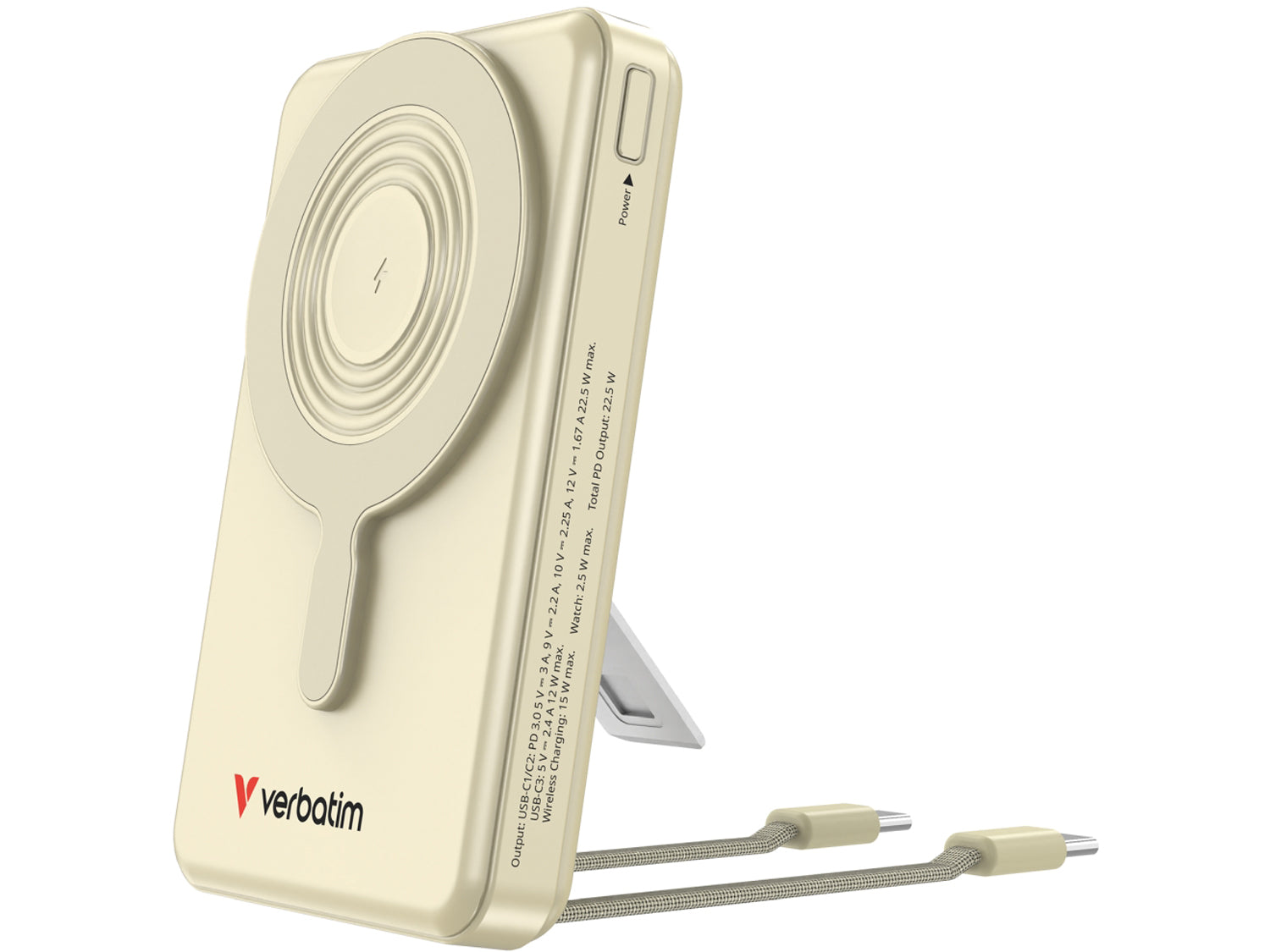 Verbatim Charge 'n' Go Two Cable Power Bank with Display Magnetic Wireless Charging 10,000mAh - Gold