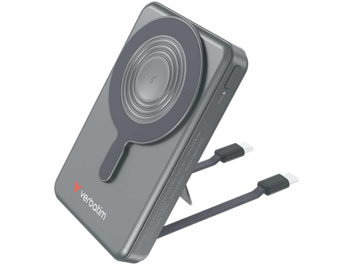 Verbatim Charge 'n' Go Two Cable Power Bank with Display Magnetic Wireless Charging 10,000mAh - Grey