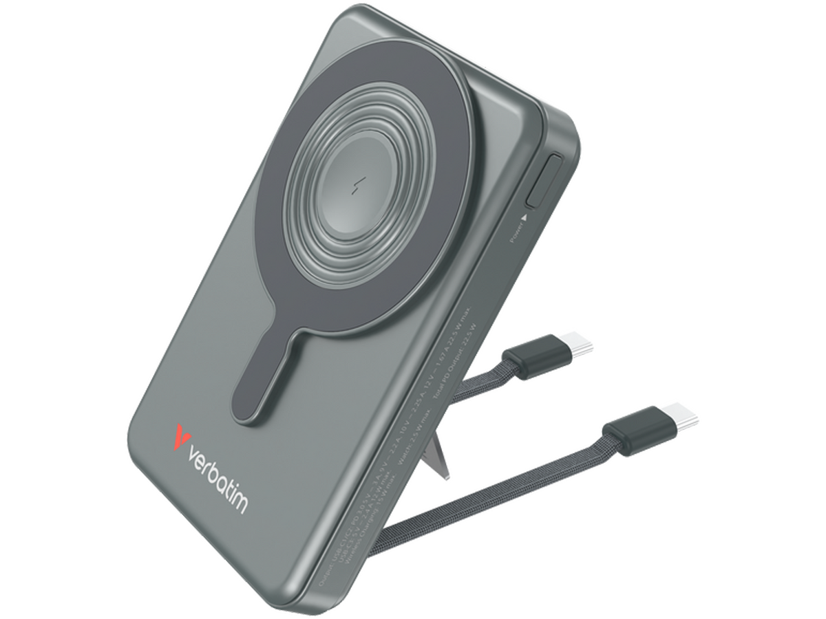 Verbatim Charge 'n' Go Two Cable Power Bank with Display Magnetic Wireless Charging 10,000mAh - Grey