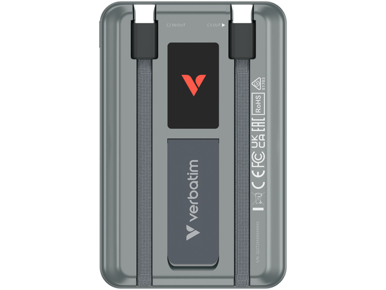 Verbatim Charge 'n' Go Two Cable Power Bank with Display Magnetic Wireless Charging 10,000mAh - Grey