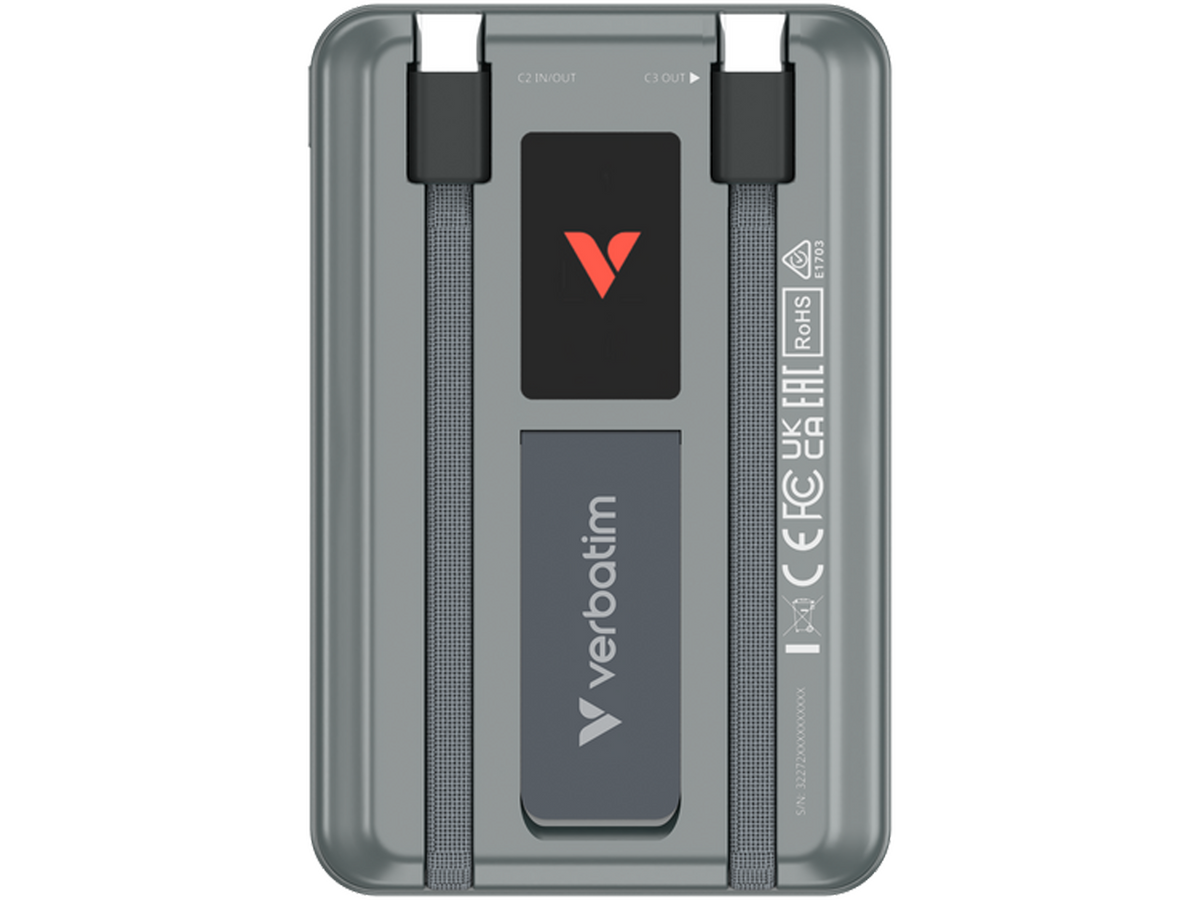 Verbatim Charge 'n' Go Two Cable Power Bank with Display Magnetic Wireless Charging 10,000mAh - Grey