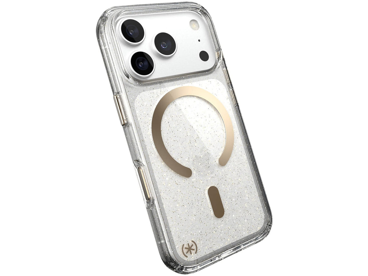 Speck Presidio Lux Glitter MagSafe Apple iPhone 18 Pro Case, Clear/Gold Glitter