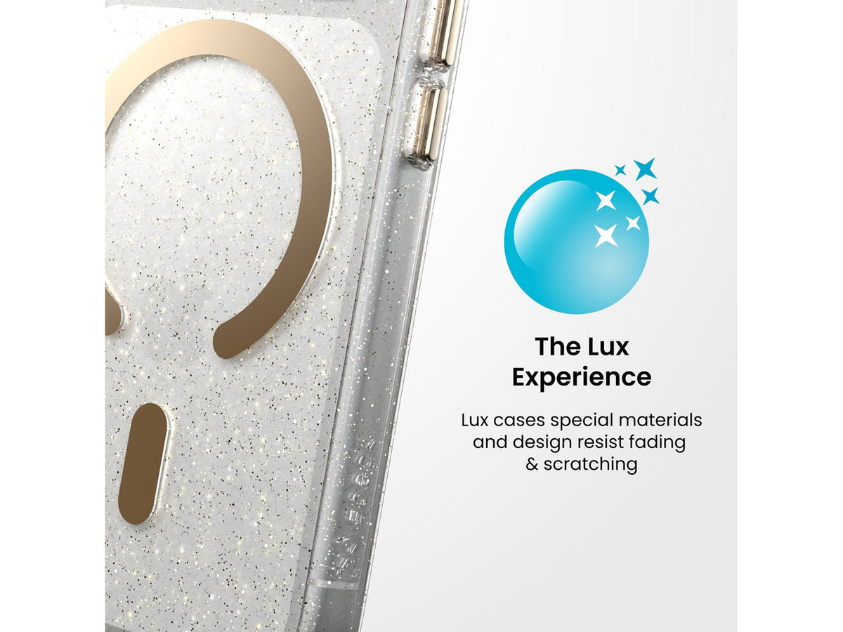 Speck Presidio Lux Glitter MagSafe Apple iPhone 18 Pro Case, Clear/Gold Glitter