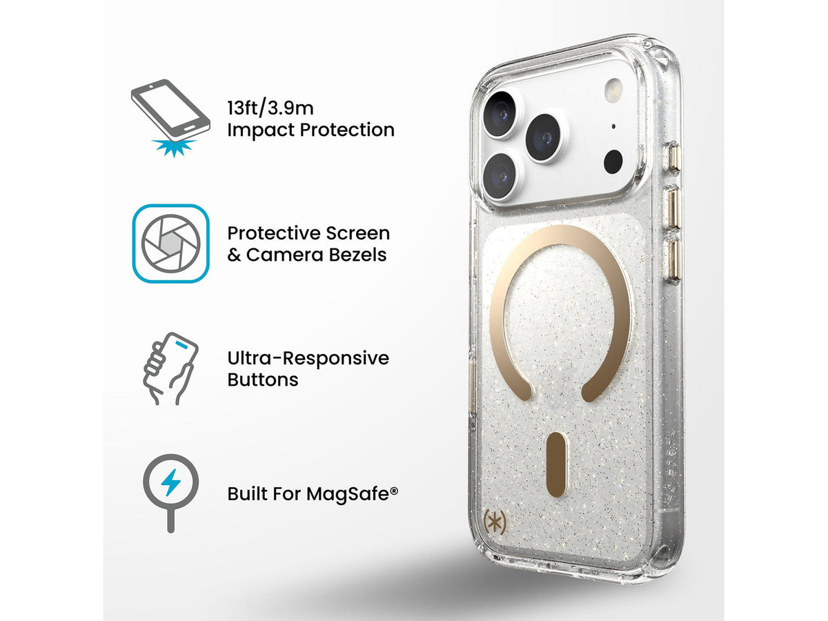 Speck Presidio Lux Glitter MagSafe Apple iPhone 18 Pro Case, Clear/Gold Glitter