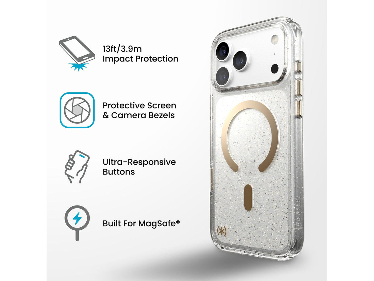 Speck Presidio Lux Glitter MagSafe Apple iPhone 18 Pro Max Case, Clear/Gold Glitter