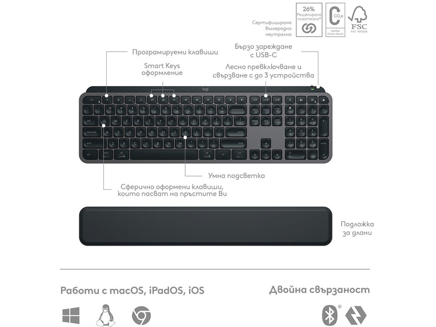 Logitech MX Keys S with Palm rest, Graphite US International