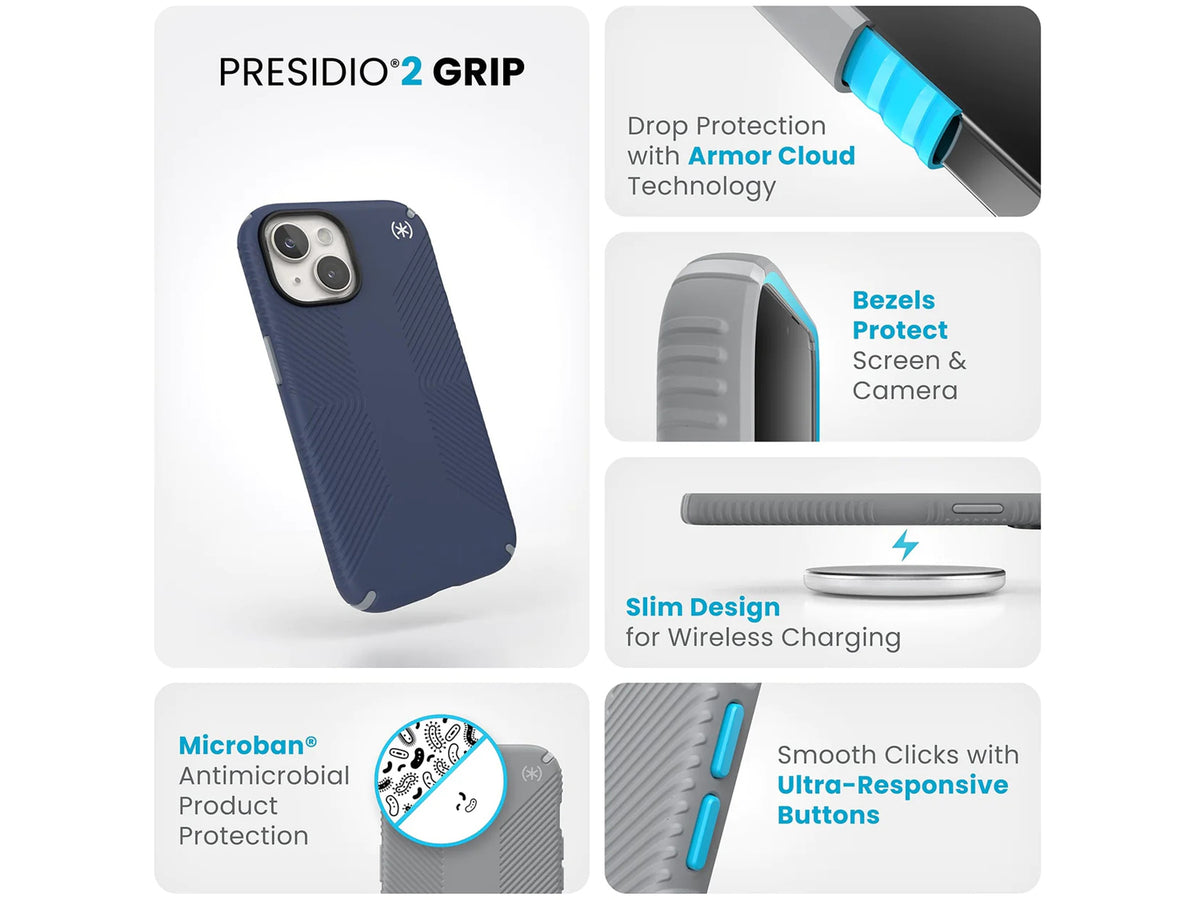 Speck iPhone 15 / iPhone 16e Presidio2 Grip Blue/Dust Grey