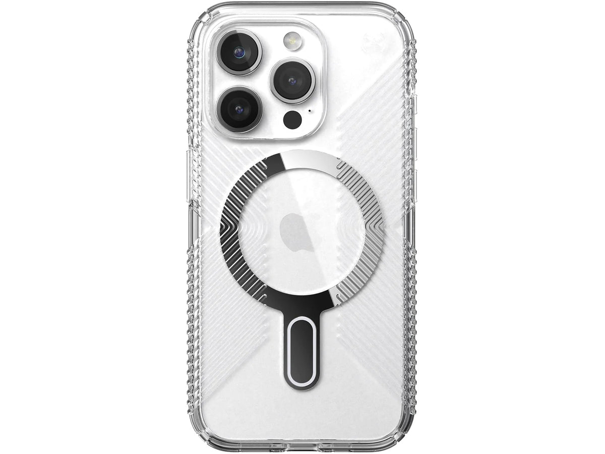 Speck Presidio Perfect-Clear Grip MagSafe with ClickLock iPhone 15 Pro,  Clear/Chrome