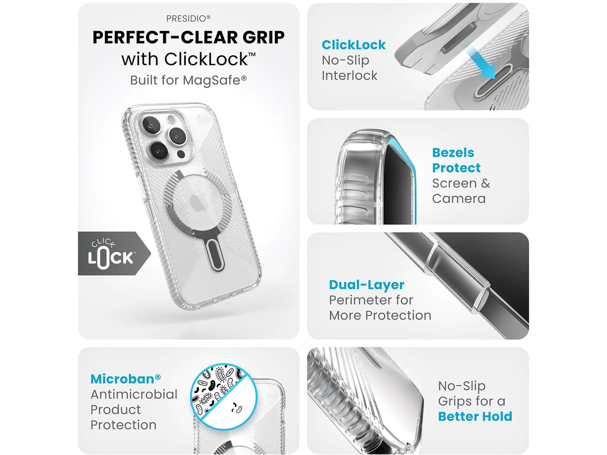 Speck Presidio Perfect-Clear Grip MagSafe with ClickLock iPhone 15 Pro,  Clear/Chrome