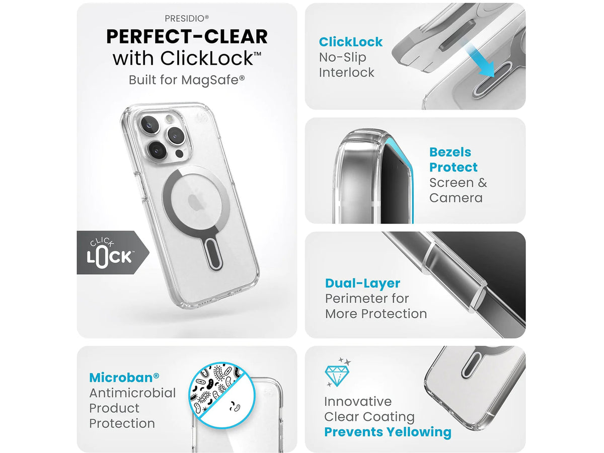 Speck Presidio Perfect-Clear MagSafe with ClickLock iPhone 15 Pro, Clear/Chrome