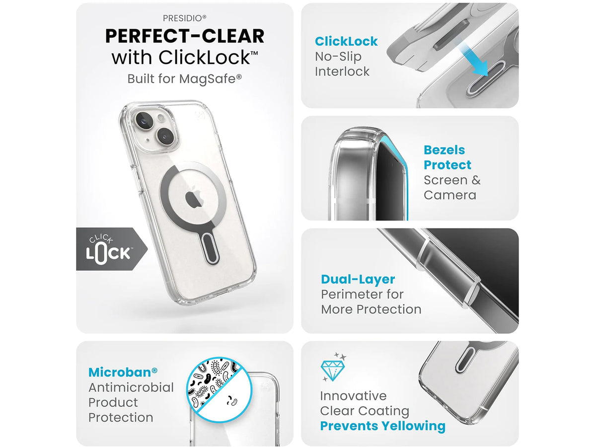 Speck Presidio Perfect-Clear MagSafe with ClickLock iPhone 15, Clear/Chrome