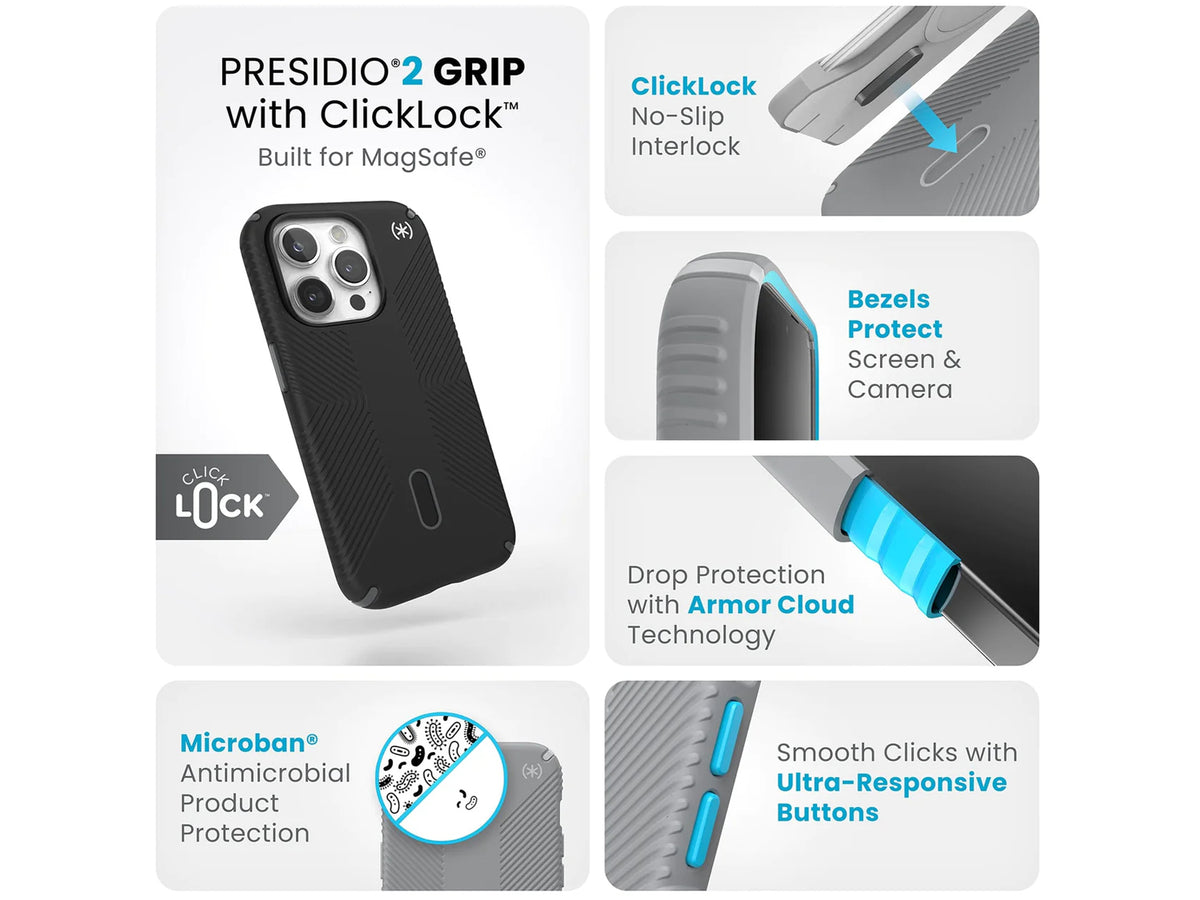 Speck Presidio2 Grip MagSafe with ClickLock iPhone 15 Pro, Black/Slate Grey